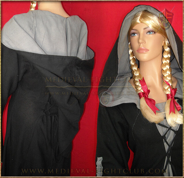 Medieval Lace-up dress with hood - Black & Grey